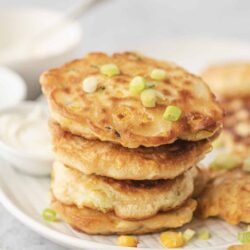 Crispy vegetable fritters stacked on a white plate, garnished with green onions.