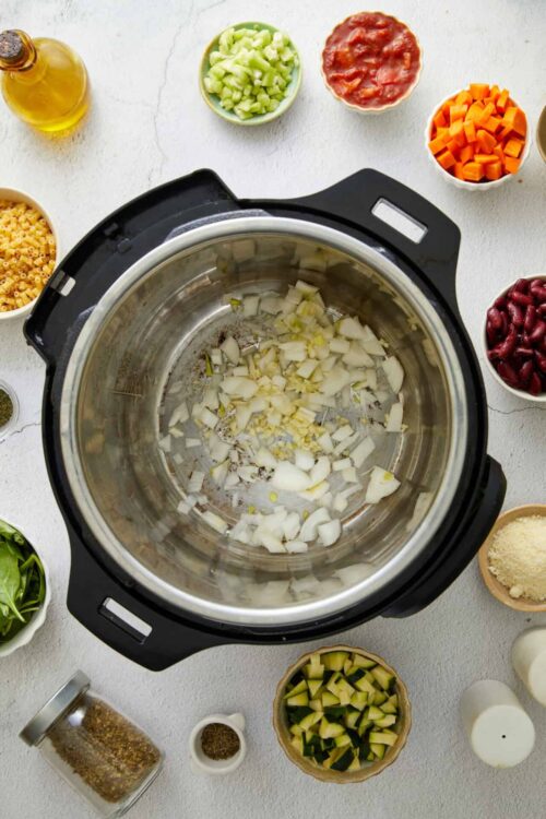 Seasoned chopped onions in instant pot for cooking recipes.