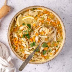 Butternut squash chicken soup with orzo and vegetables.