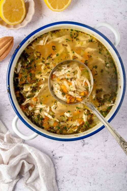 Savory chicken vegetable soup, homemade comfort food in a classic pot, fresh lemon slices and herbs, warming seasonal recipe from Baked Bree.