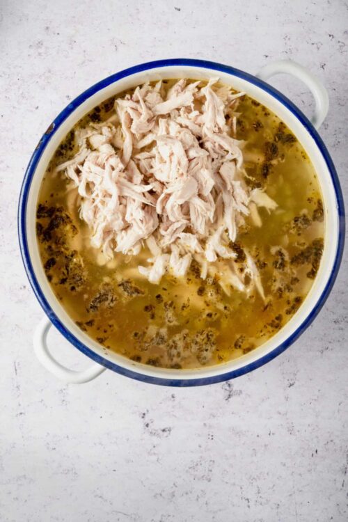 Shredded chicken in homemade chicken noodle soup with herbs and broth.