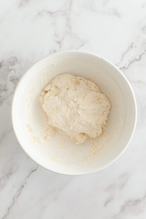 Buttery pie dough in a white mixing bowl.