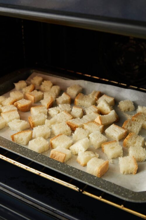 Cubes of bread to make croutons in the oven.