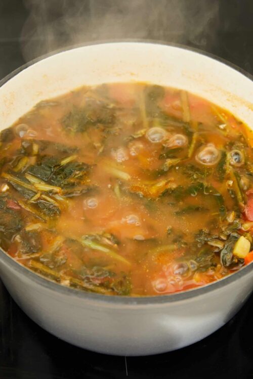 Steaming pot of vegetable soup with greens and tomato broth.