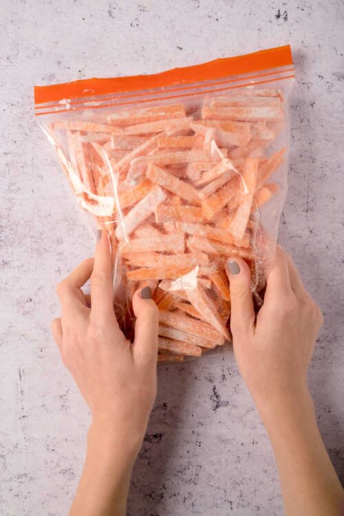 Frozen sweet potato fries in a resealable bag.