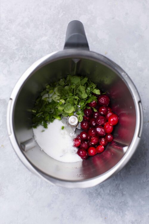 Fresh cranberries, chopped green onions, cilantro in a blender for baking or cooking.