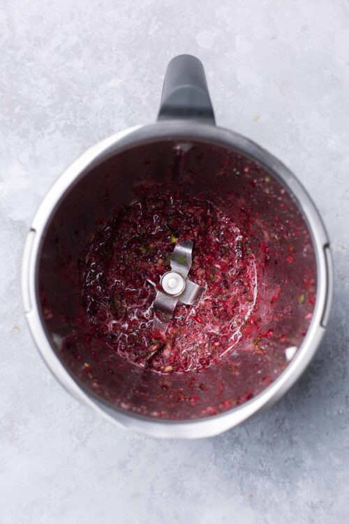 Fresh berry compote in a blender, ready to make flavorful dessert or breakfast toppings.