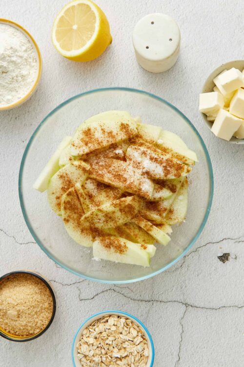 Creamy apple cinnamon filling with oatmeal and butter ingredients for baking desserts.