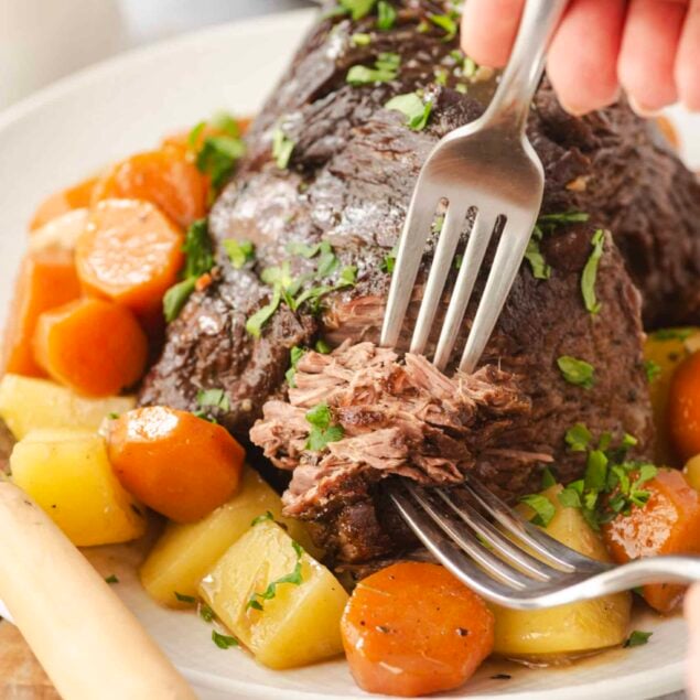 Juicy pot roast with vegetables and fresh herbs on a white plate.