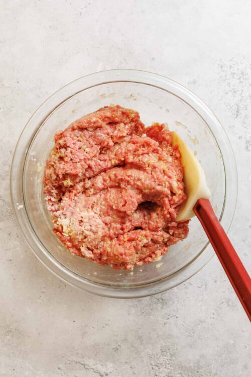Seasoned ground meat mixture in a glass bowl for baking or cooking recipes.
