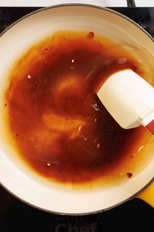 Browning sauce mixture in a skillet for cooking or dipping recipes.