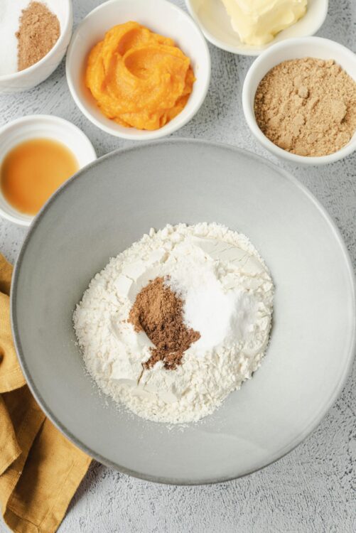 Flour, sugar, cocoa powder, and spices in a mixing bowl for baking chocolate cake.