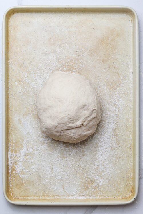Soft bread dough resting on a floured baking sheet.