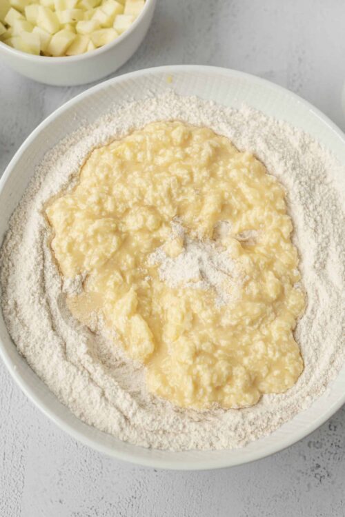 Flour and mashed potatoes in mixing bowl for baking or cooking.