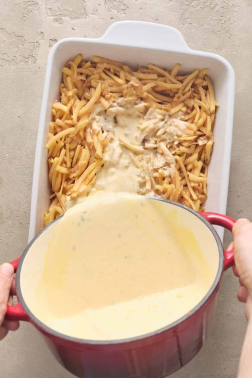 Creamy Alfredo sauce pouring over cooked pasta in a baking dish.
