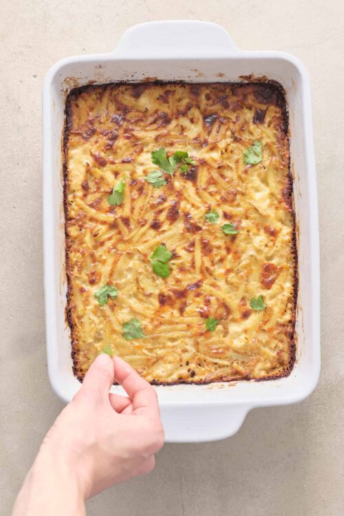 Oven baked cheesy potato casserole with cilantro garnished on top.