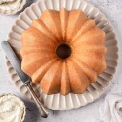 Light golden homemade bundt cake on a white fluted plate, bakery-style dessert, perfect for baking recipes.
