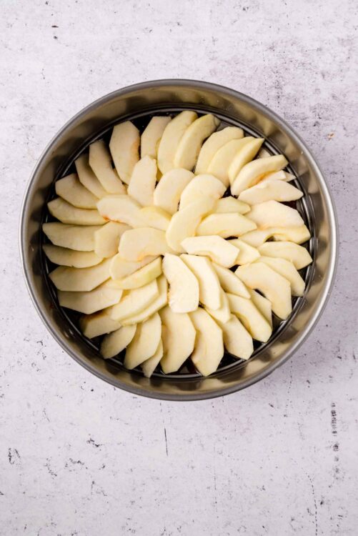 Sliced apples in a silver steamer basket for baking or cooking.