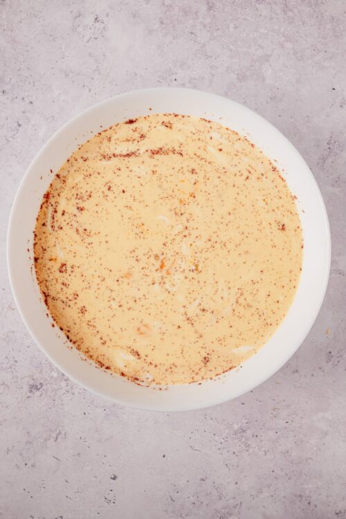 Creamy vanilla pudding sprinkled with cinnamon in a white bowl.