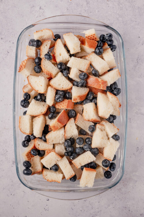 Croutons with blueberries in a glass dish for salad topping or recipe ingredients.
