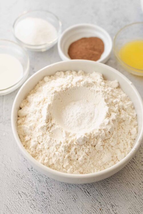 Flour in a mixing bowl for baking recipes.
