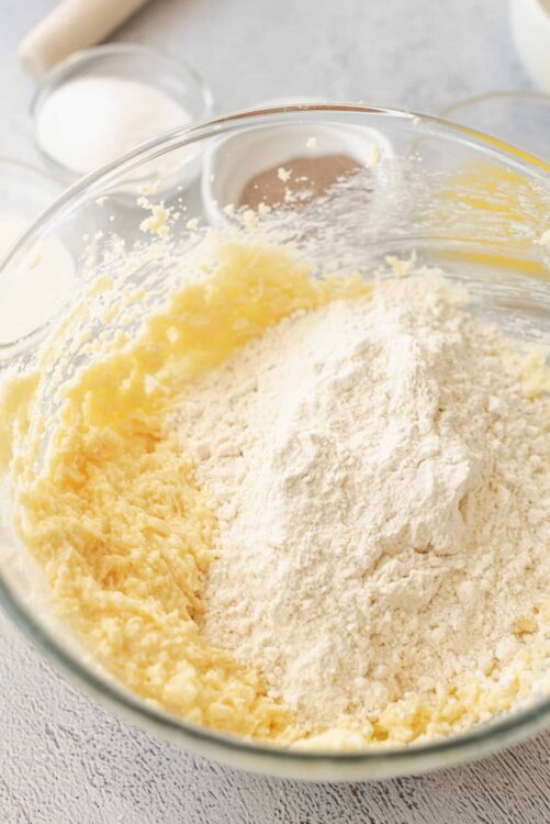 Flour and butter mixture in a glass bowl for baking recipes.