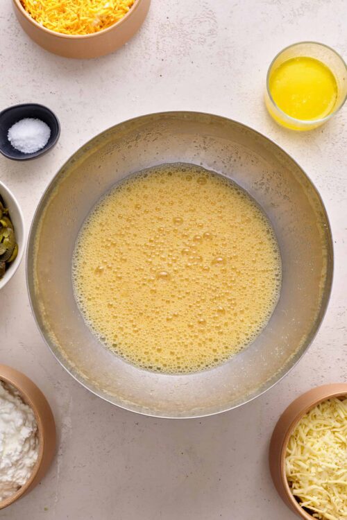 Creamy egg mixture for baking recipes on Baked Bree website.