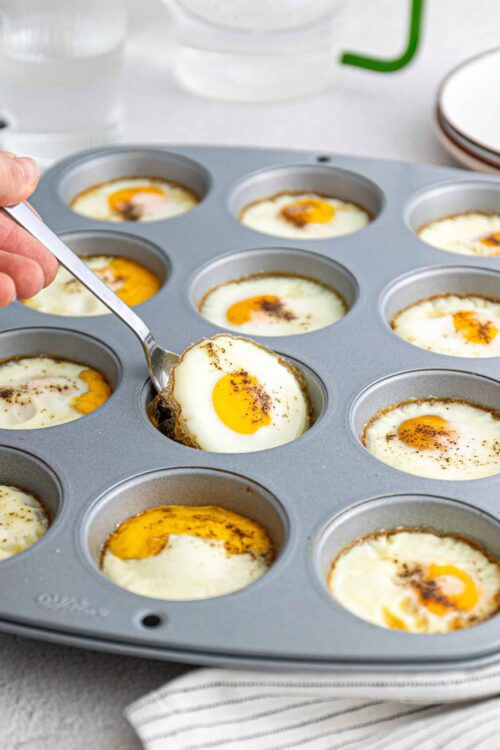 Soft cooked eggs in muffin tins for breakfast, baked eggs recipe, easy eggs for breakfast, healthy egg breakfast ideas, baked egg muffin tins.
