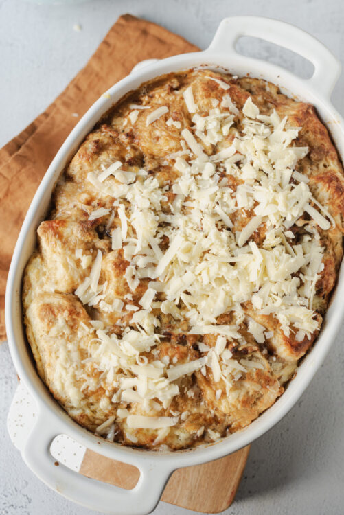 Cheesy baked egg casserole with melted cheese and a golden crust, perfect for breakfast or brunch.