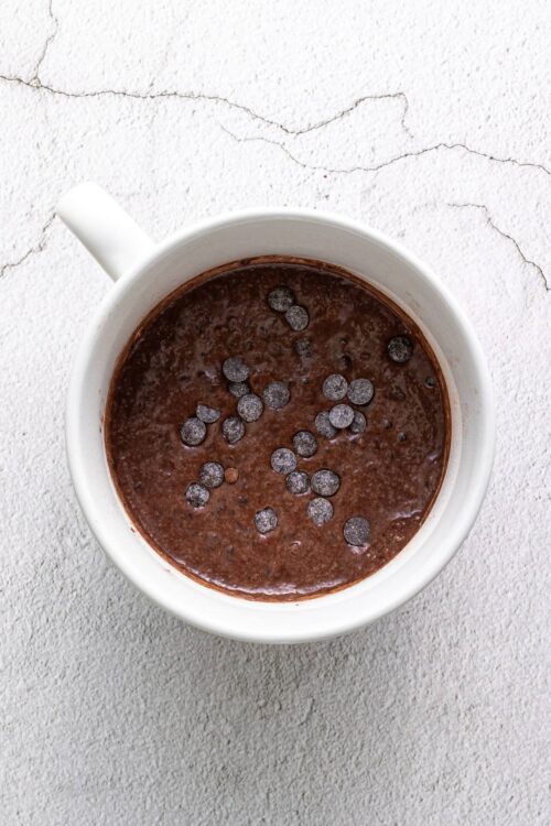 Rich chocolate hot cocoa with chocolate chips in a white mug.