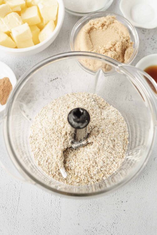 Finely ground oats in food processor for baking recipes.