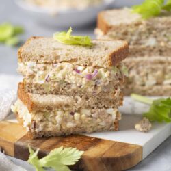 Creamy chicken salad sandwich on whole wheat bread with celery and red onion. Perfect for lunch or picnics, easy to make.