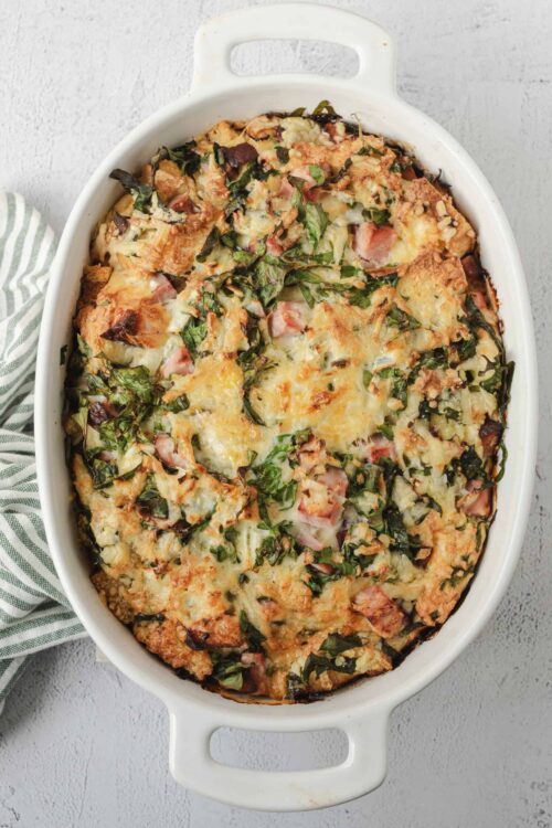 Savory ham and kale breakfast casserole baked Bree recipe.