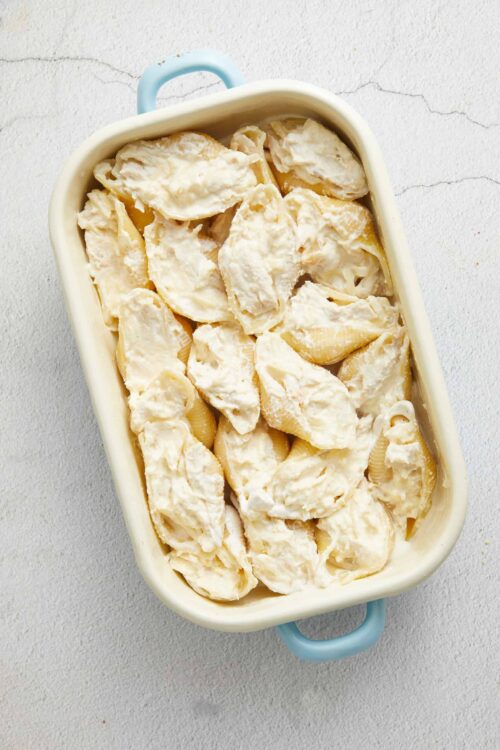 Creamy homemade potato salad in a baking dish.