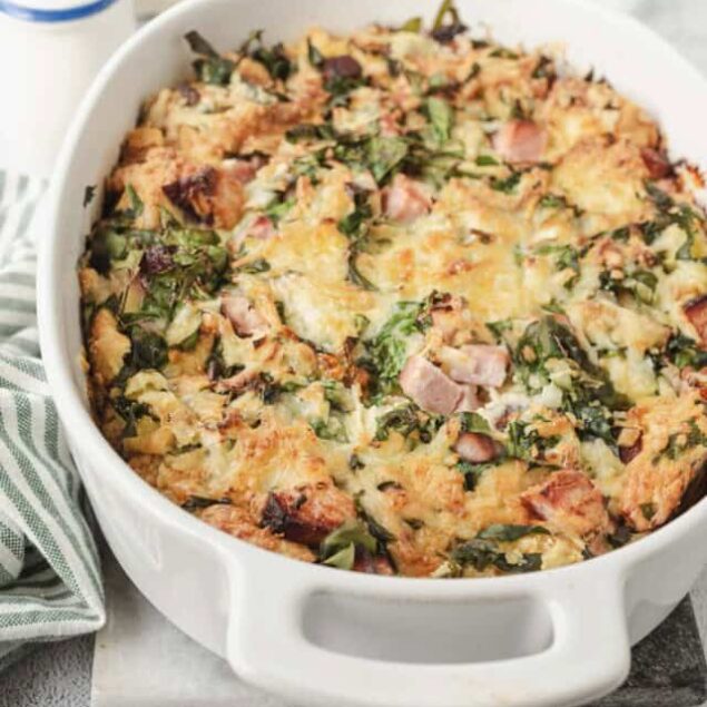 Creamy chicken and spinach casserole baked to golden perfection. Easy dinner recipe from Baked Bree.
