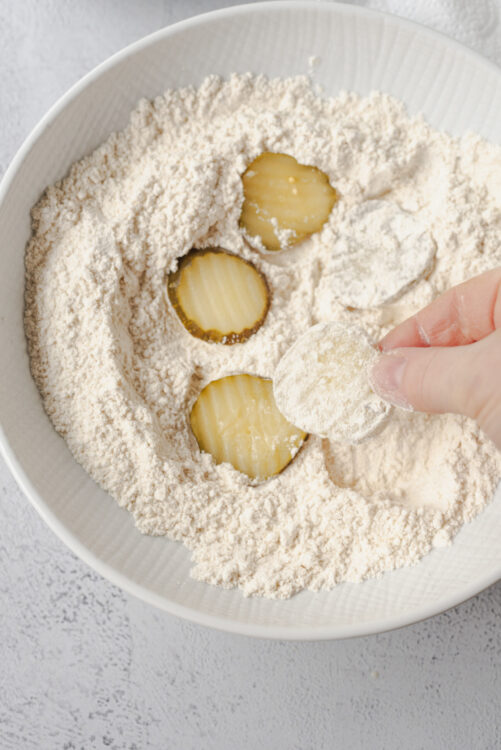 Cream cheese and pickle coated in flour for classic dill pickle chips.