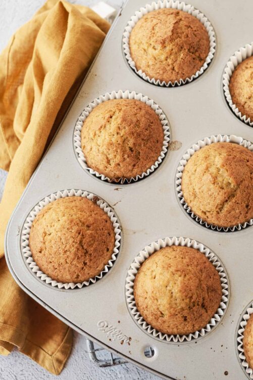 Golden brown homemade muffins in a muffin tin, fresh from oven.