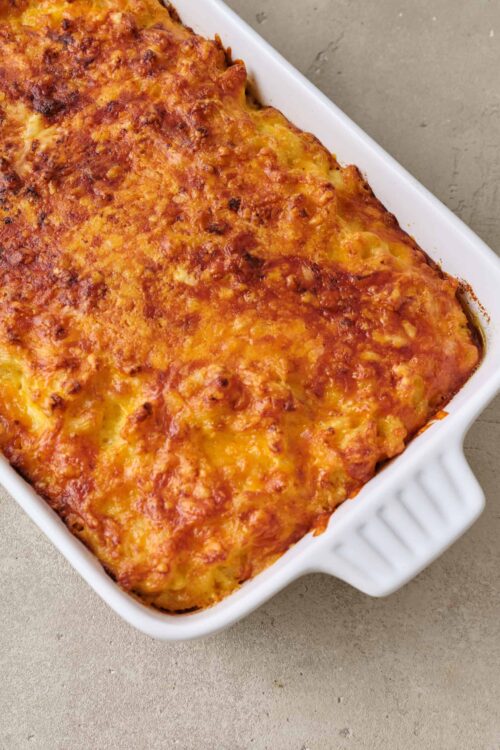 Baked cheesy lasagna in a white ceramic casserole dish, homemade Italian pasta bake with melted cheese.