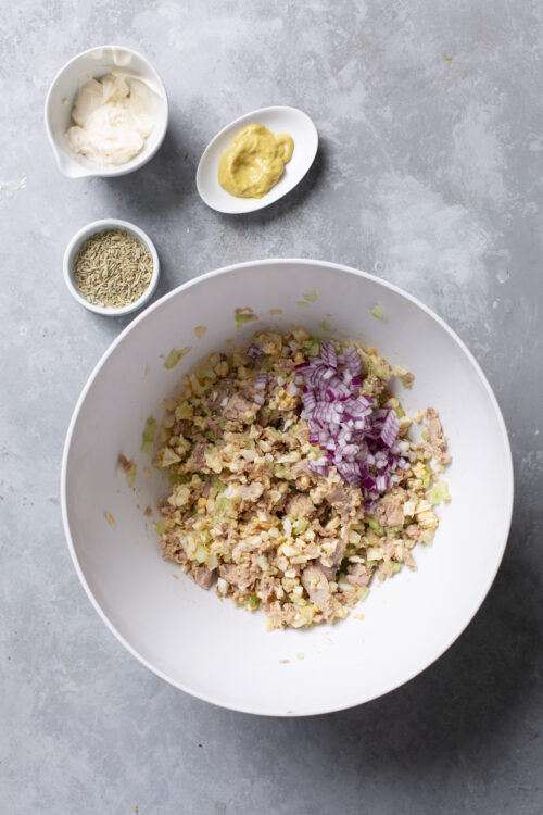 Creamy tuna salad with chopped red onions and herbs on a white bowl background.