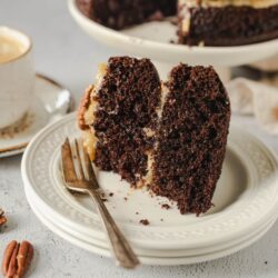 Rich chocolate cake with creamy filling on vintage white plate.
