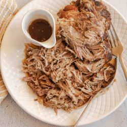Succulent shredded pork with gravy served on a white plate.