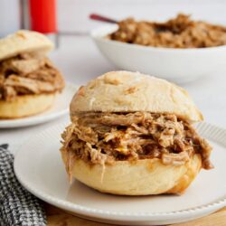 Savory BBQ pork sandwich on a soft, fluffy bun with pulled pork filling, served on a white plate.