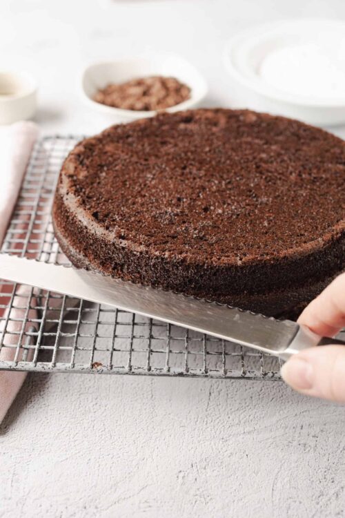 Rich chocolate cake with a crumb coating, on a cooling rack with baking ingredients in the background.