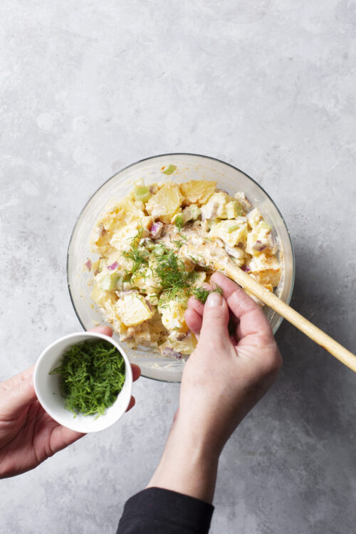 Creamy potato salad with fresh dill and chopped red onions, perfect for summer picnics and food gatherings.