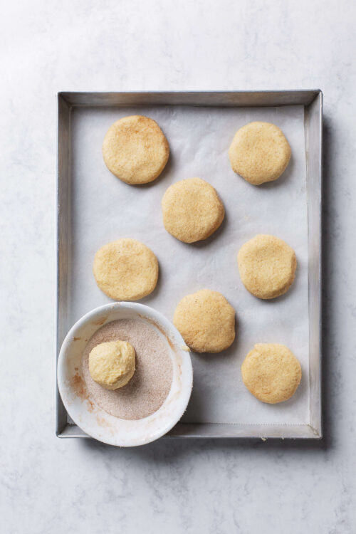 Buttery homemade shortbread cookies on a baking sheet with cinnamon sugar coating. Perfect for holiday treats or afternoon tea.