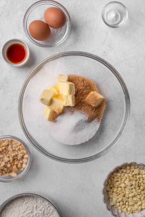 Eggs, butter, sugar, and baking ingredients for baking a cake or cookies.