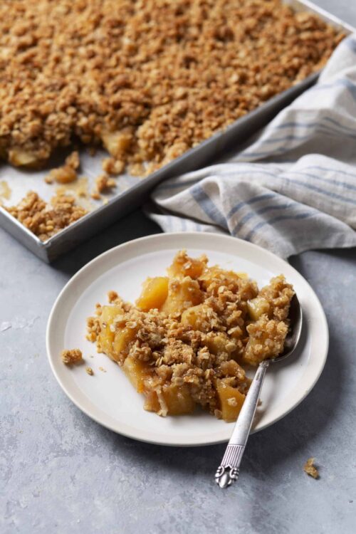 Golden baked apple crisp with crumbly oat topping, served on a white plate. A perfect warm dessert recipe from Baked Bree.