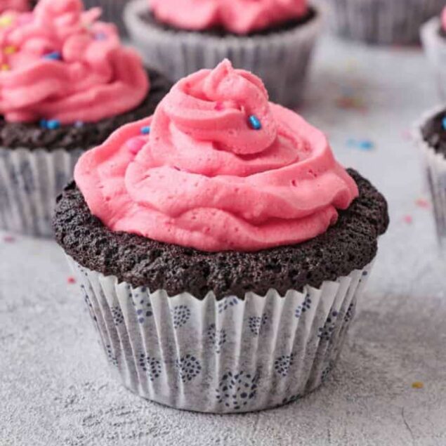 Chocolate cupcake with pink frosting and sprinkles on top.