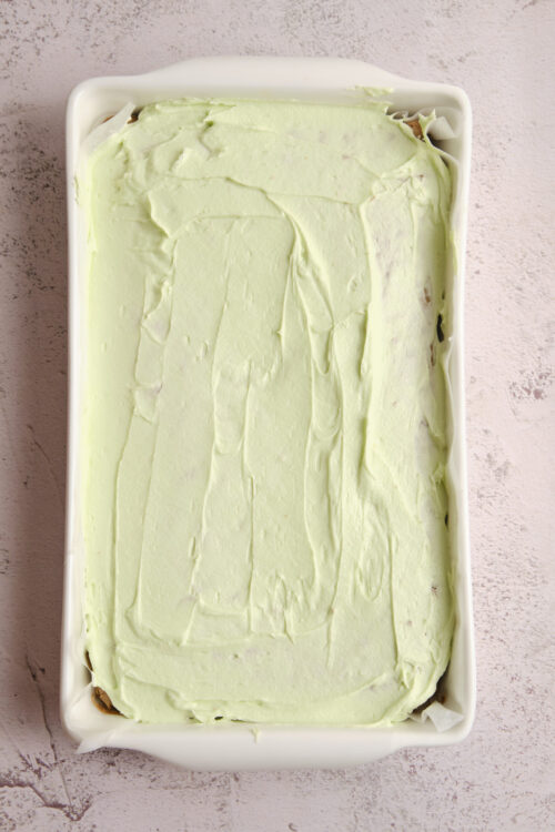 Creamy pistachio ice cream in baking dish with smooth texture and pale green color.