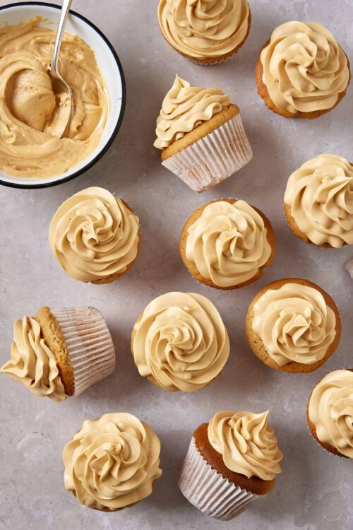 Buttercream frosting on vanilla cupcakes, baking, dessert, bakedbree, sweet treats.